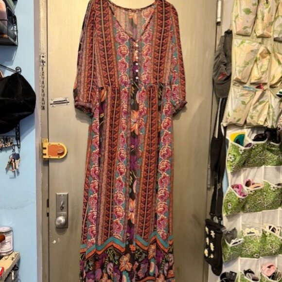 Vintage Dresses & Skirts - Boho Retro Chiffon Long Sleeve Geometric Floral Maxi Dresses